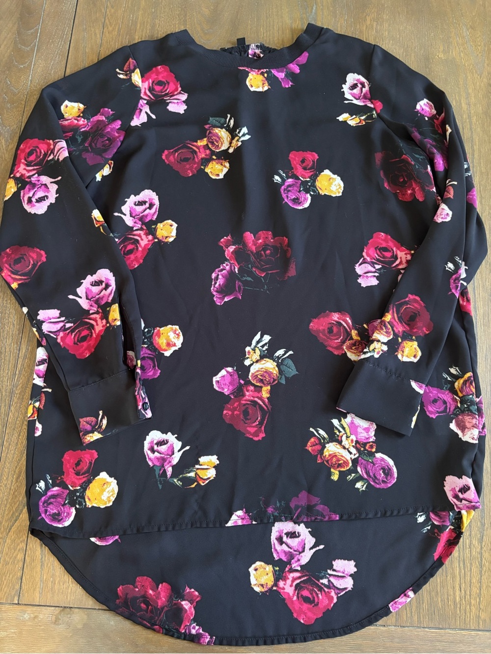 Thakoon Black Floral Round-Neck Top with Fuchsia and Yellow Blooms
